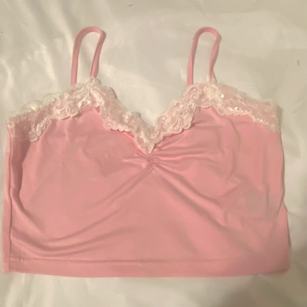 Pink coquette white lace trim top